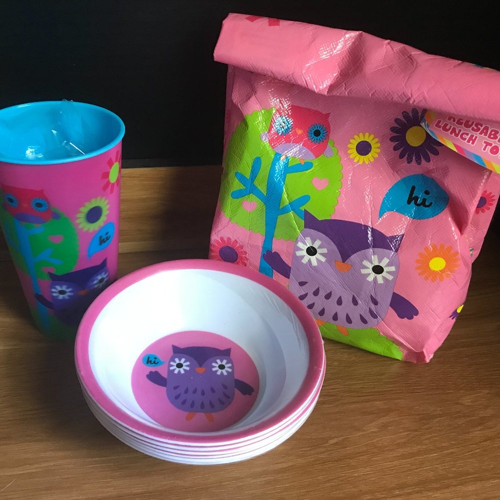 (NEW) Owl Themed Lunch Tote, Cup and Bowls